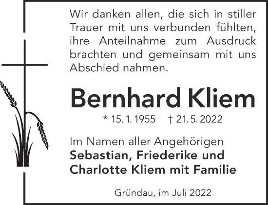 Traueranzeige von Bernhard Kliem von Gelnhäuser Neue Zeitung