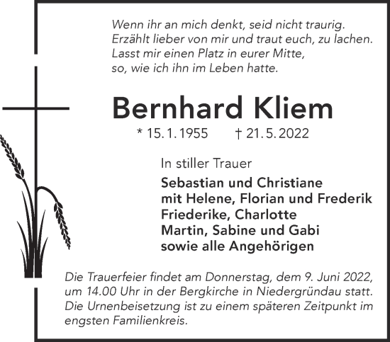 Traueranzeige von Bernhard Kliem von Gelnhäuser Neue Zeitung