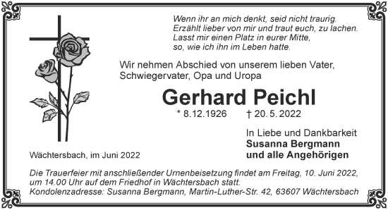 Traueranzeige von Gerhard Peichl von Gelnhäuser Neue Zeitung