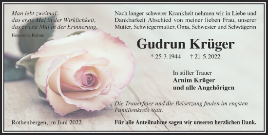 Traueranzeige von Gudrun Krüger von Gelnhäuser Neue Zeitung