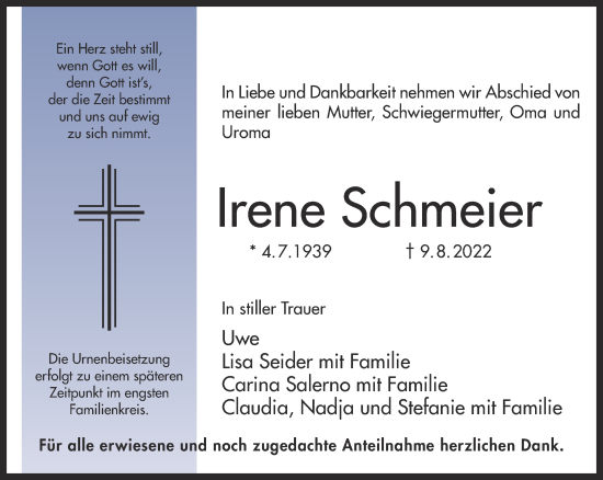 Traueranzeigen Von Irene Schmeier Trauer Gnz De