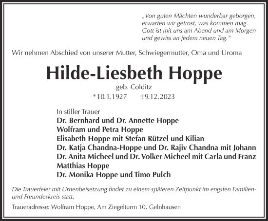 Traueranzeigen Von Hilde Liesbeth Hoppe Trauer Gnz De