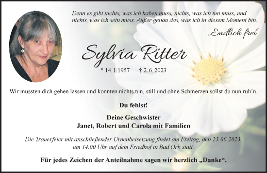 Traueranzeigen Von Sylvia Ritter Trauer Gnz De