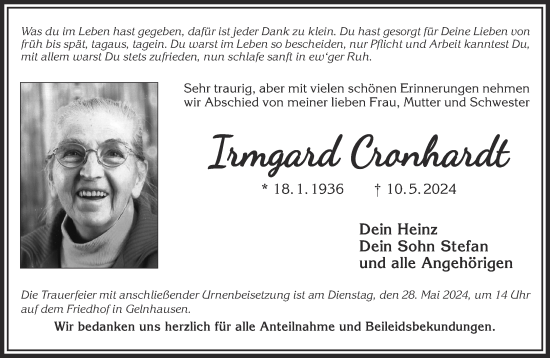 Traueranzeige von Irmgard Cronhardt von Gelnhäuser Neue Zeitung