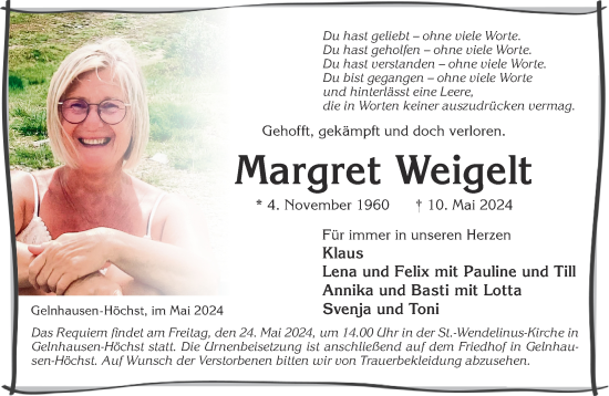 Traueranzeige von Margret Weigelt von Gelnhäuser Neue Zeitung