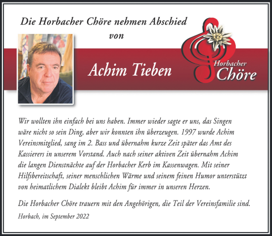 Traueranzeige von Achim Tieben von Mittelhessen-Bote