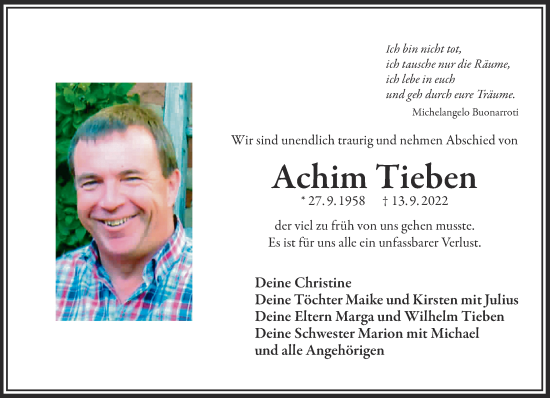 Traueranzeige von Achim Tieben von Mittelhessen-Bote