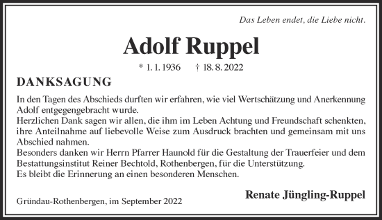 Traueranzeige von Adolf Ruppel von Gelnhäuser Neue Zeitung