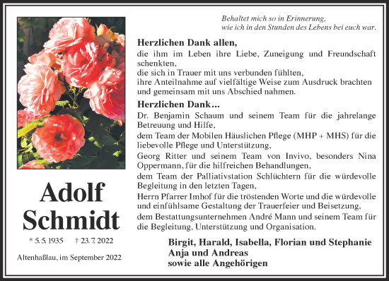 Traueranzeige von Adolf Schmidt von Gelnhäuser Neue Zeitung