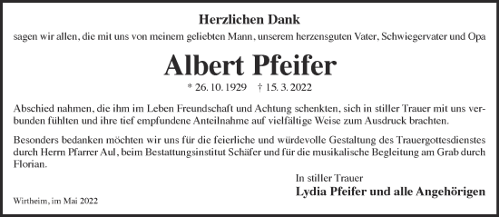 Traueranzeige von Albert Pfeifer von Gelnhäuser Neue Zeitung