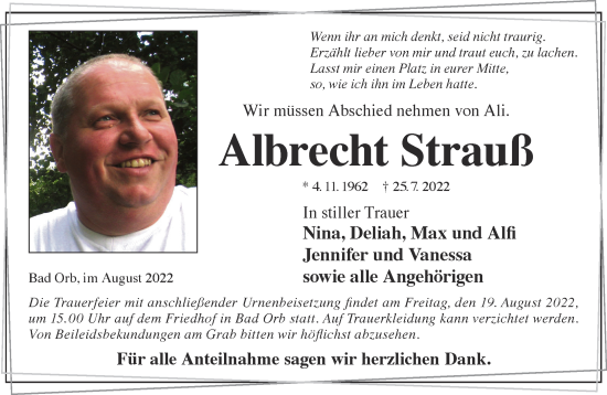 Traueranzeige von Albrecht Strauß von Gelnhäuser Neue Zeitung