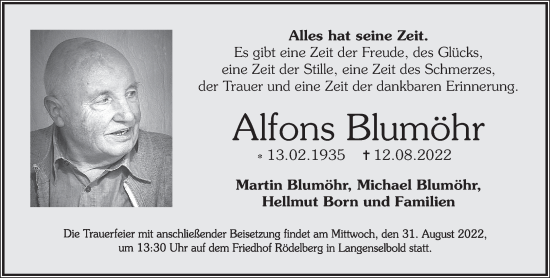 Traueranzeige von Alfons Blumöhr von Mittelhessen-Bote