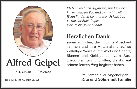 Traueranzeige von Alfred Geipel von Gelnhäuser Neue Zeitung