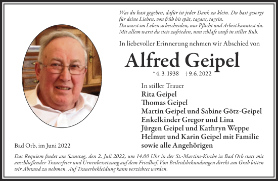 Traueranzeige von Alfred Geipel von Gelnhäuser Neue Zeitung