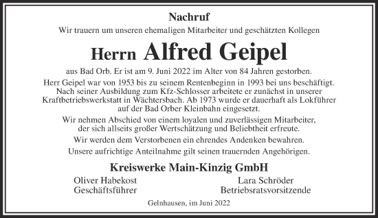 Traueranzeige von Alfred Geipel von Gelnhäuser Neue Zeitung