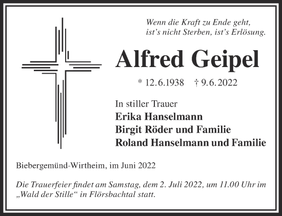 Traueranzeige von Alfred Geipel von Gelnhäuser Neue Zeitung