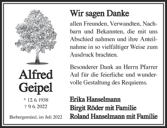 Traueranzeige von Alfred Geipel von Gelnhäuser Neue Zeitung