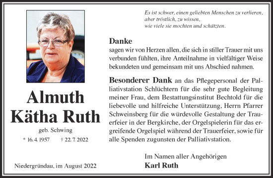 Traueranzeige von Almuth Kätha Ruth von Gelnhäuser Neue Zeitung