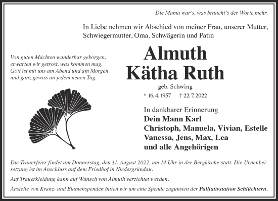 Traueranzeige von Almuth Kätha Ruth von Gelnhäuser Neue Zeitung