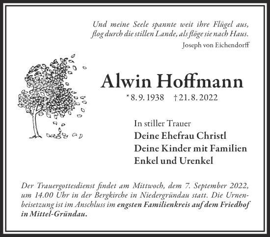 Traueranzeige von Alwin Hoffmann von Gelnhäuser Neue Zeitung