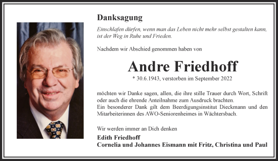 Traueranzeige von Andre Friedhoff von Mittelhessen-Bote