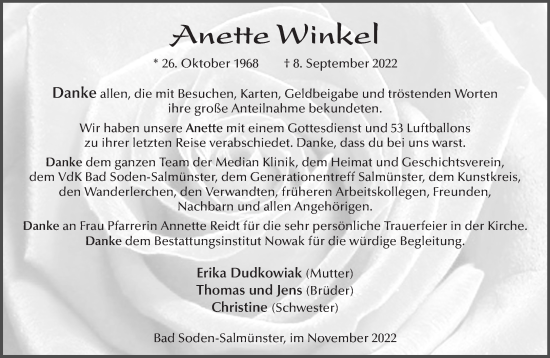 Traueranzeige von Anette Winkel von Gelnhäuser Neue Zeitung