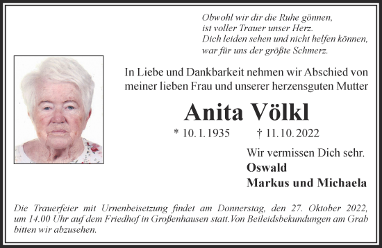 Traueranzeige von Anita Völkl von Gelnhäuser Neue Zeitung