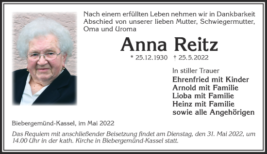 Traueranzeige von Anna Reitz von Gelnhäuser Neue Zeitung