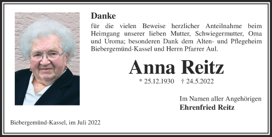 Traueranzeige von Anna Reitz von Gelnhäuser Neue Zeitung