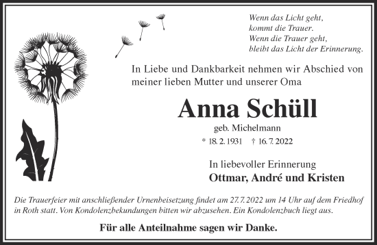 Traueranzeige von Anna Schüll von Gelnhäuser Neue Zeitung