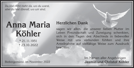 Traueranzeige von Anna Maria Köhler von Gelnhäuser Neue Zeitung