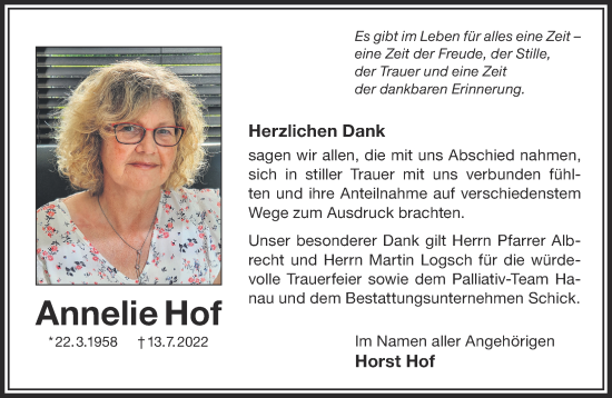 Traueranzeige von Annelie Hof von Gelnhäuser Neue Zeitung