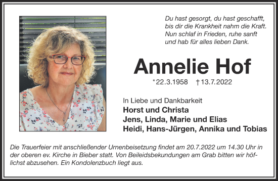 Traueranzeige von Annelie Hof von Gelnhäuser Neue Zeitung