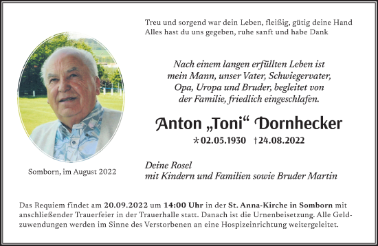 Traueranzeige von Anton Dornhecker von Mittelhessen-Bote