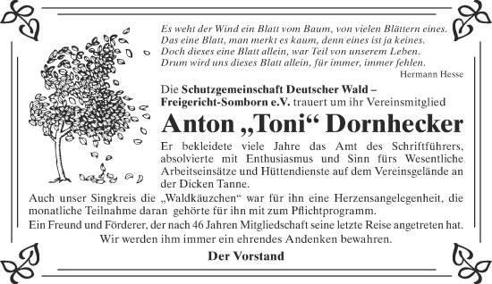 Traueranzeige von Anton Dornhecker von Gelnhäuser Neue Zeitung