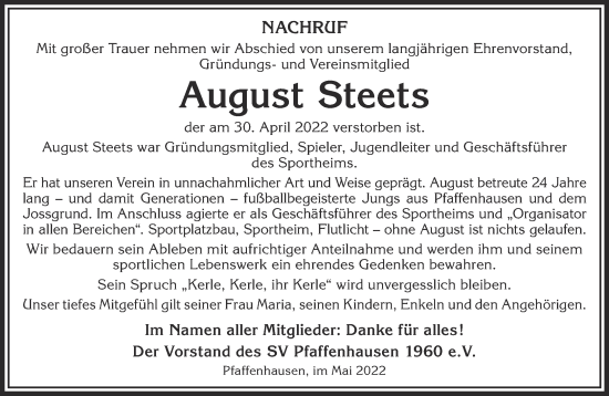 Traueranzeige von August Steets von Mittelhessen-Bote