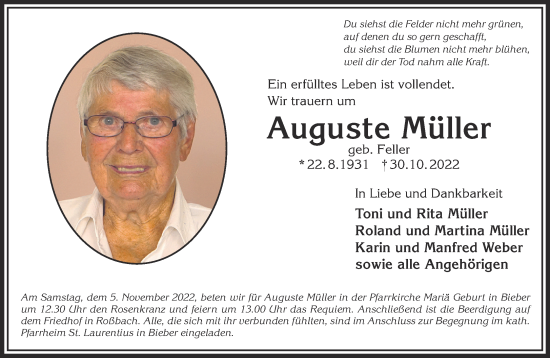 Traueranzeige von Auguste Müller von Gelnhäuser Neue Zeitung