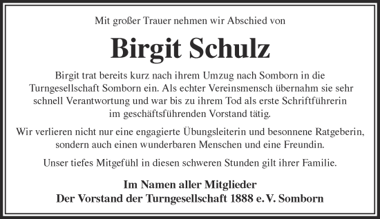 Traueranzeige von Birgit Schulz von Mittelhessen-Bote