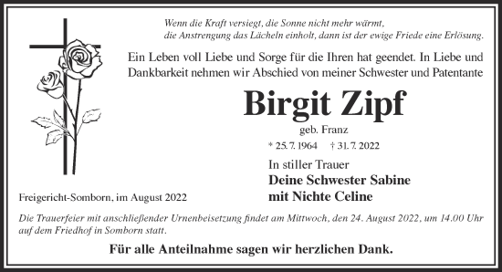 Traueranzeige von Birgit Zipf von Gelnhäuser Neue Zeitung