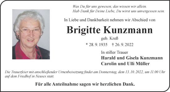 Traueranzeige von Brigitte Kunzmann von Mittelhessen-Bote