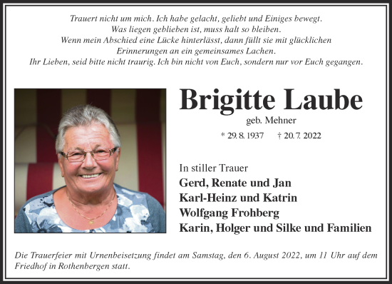 Traueranzeige von Brigitte Laube von Gelnhäuser Neue Zeitung