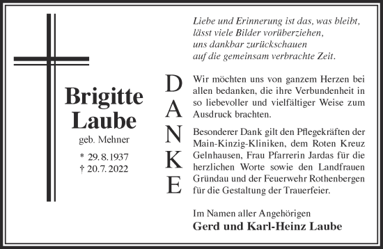 Traueranzeige von Brigitte Laube von Gelnhäuser Neue Zeitung