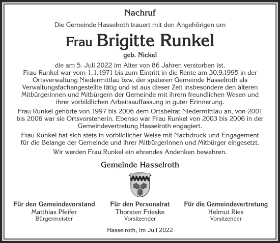 Traueranzeige von Brigitte Runkel von Gelnhäuser Neue Zeitung