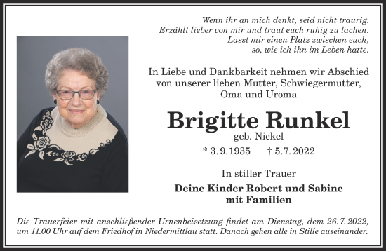 Traueranzeige von Brigitte Runkel von Gelnhäuser Neue Zeitung