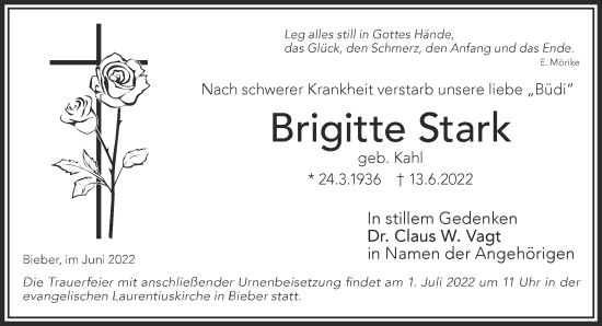 Traueranzeige von Brigitte Stark von Mittelhessen-Bote