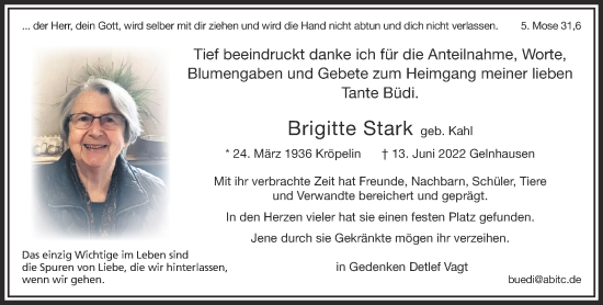 Traueranzeige von Brigitte Stark von Gelnhäuser Neue Zeitung