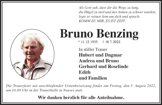 Traueranzeige von Bruno Benzing von Gelnhäuser Neue Zeitung