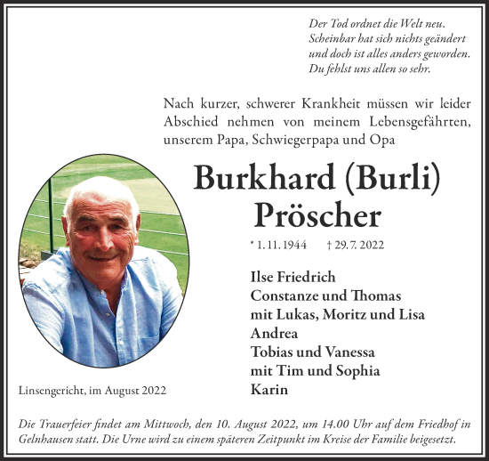 Traueranzeige von Burkhard Pröscher von Gelnhäuser Neue Zeitung