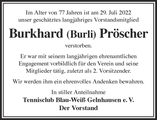 Traueranzeige von Burkhard Pröscher von Gelnhäuser Neue Zeitung