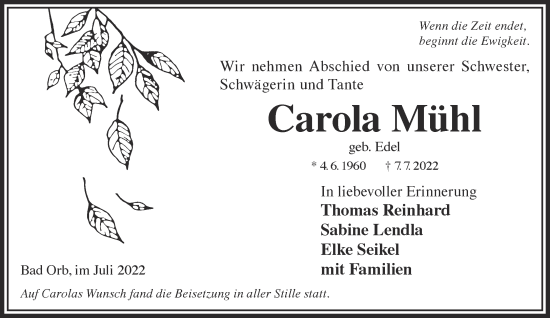 Traueranzeige von Carola Mühl von Gelnhäuser Neue Zeitung